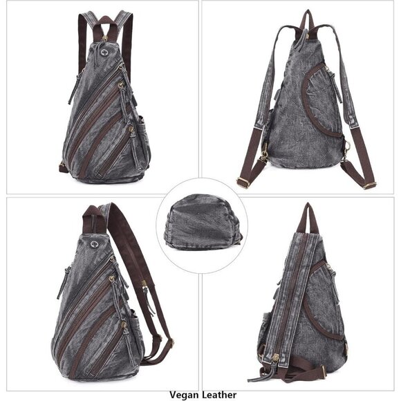 Canvas Sling Bag Jean-black Crossbody Backpack Genuine Leather Shoulder Bag - Picture 5 of 7